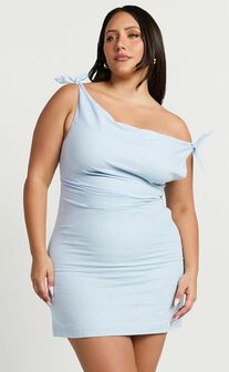 Jeofina Mini Dress - Off The Shoulder Linen Look Dress in Pale Blue