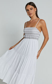 Gloria Midi Dress - Strappy Straight Neck Tiered Dress in White