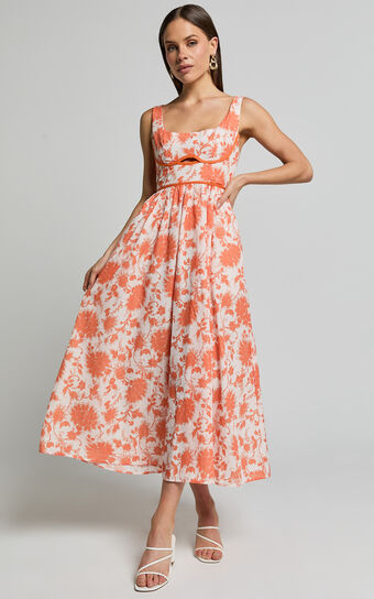 Chira Midi Dress - Front Cut Out Thigh Split Dress in Orange Floral