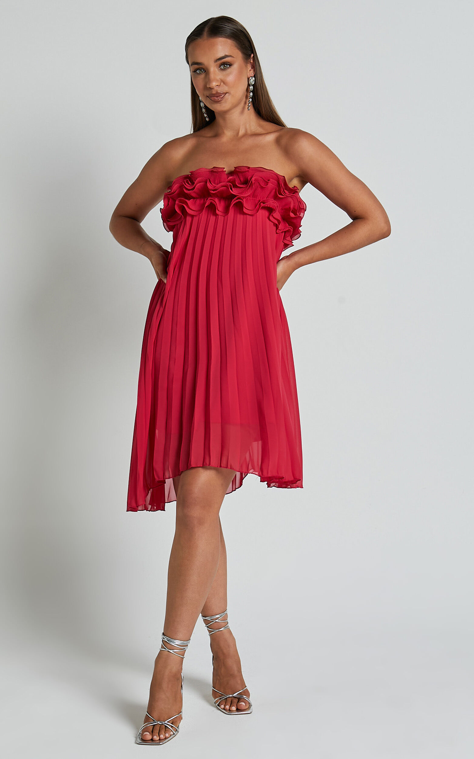 Xander Mini Dress - Strapless Ruffle Detail Pleated Dress in Pink - XS, PNK1
