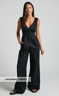 Amalie The Label - Emiliana Linen Blend Plunge Wide Leg Jumpsuit in Black