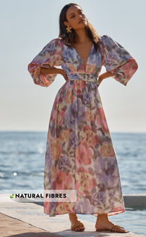 Amalie The Label - Lily Linen Blend V Neck Long Puff Sleeve Tie Back Maxi Dress in Montreuil Print