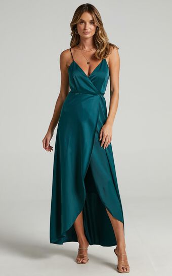 Mine Would Be You Midi Dress - Wrap Dress in Emerald Satin