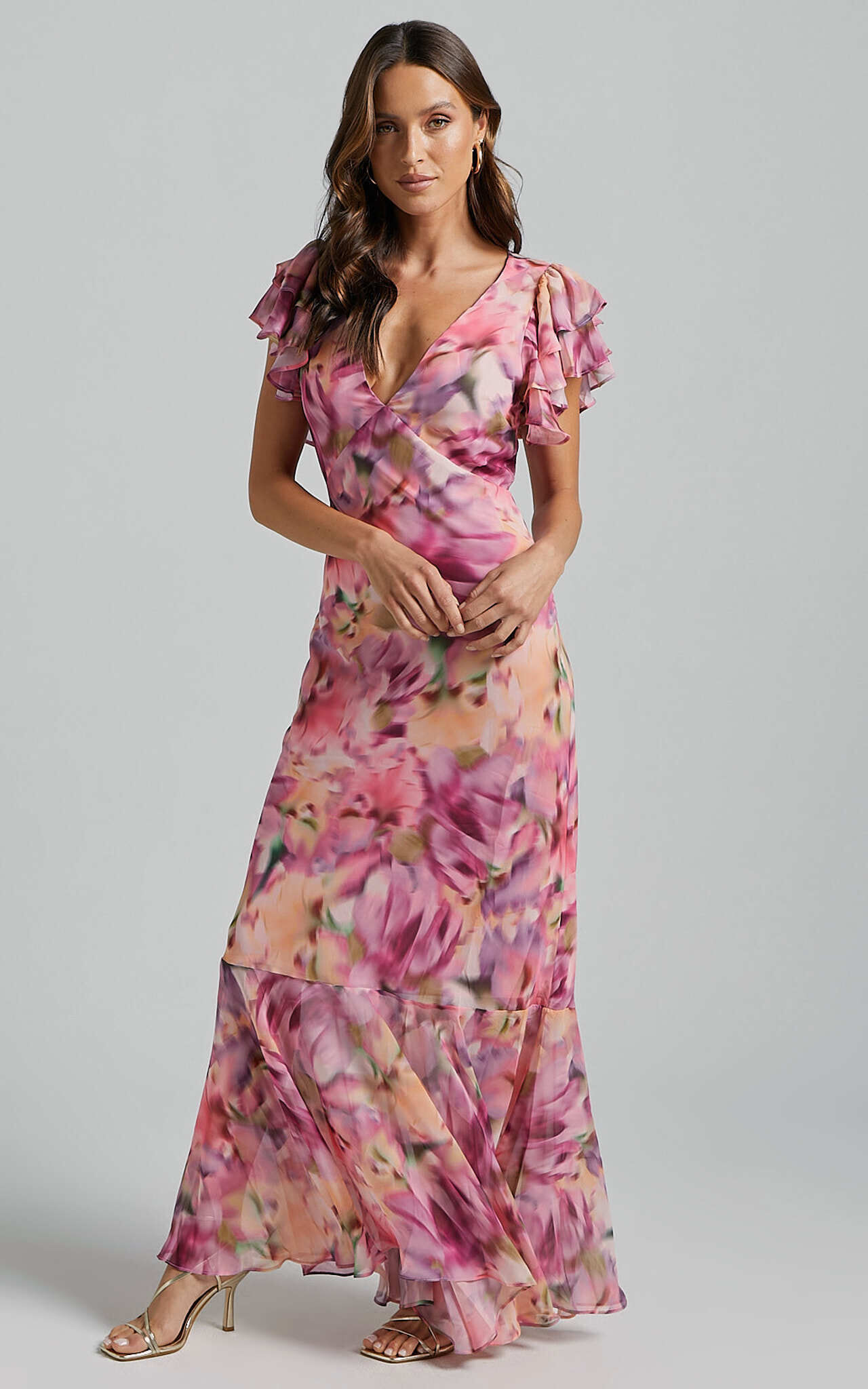 Jasmine Maxi Dress Plunge Neck Short Flutter Sleeve Frill Hem Mermaid in Pink floral