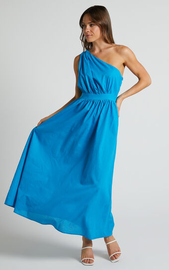 Narina Midi Dress - Linen Look One Shoulder Ruched Bodice A Line Dress in Blue