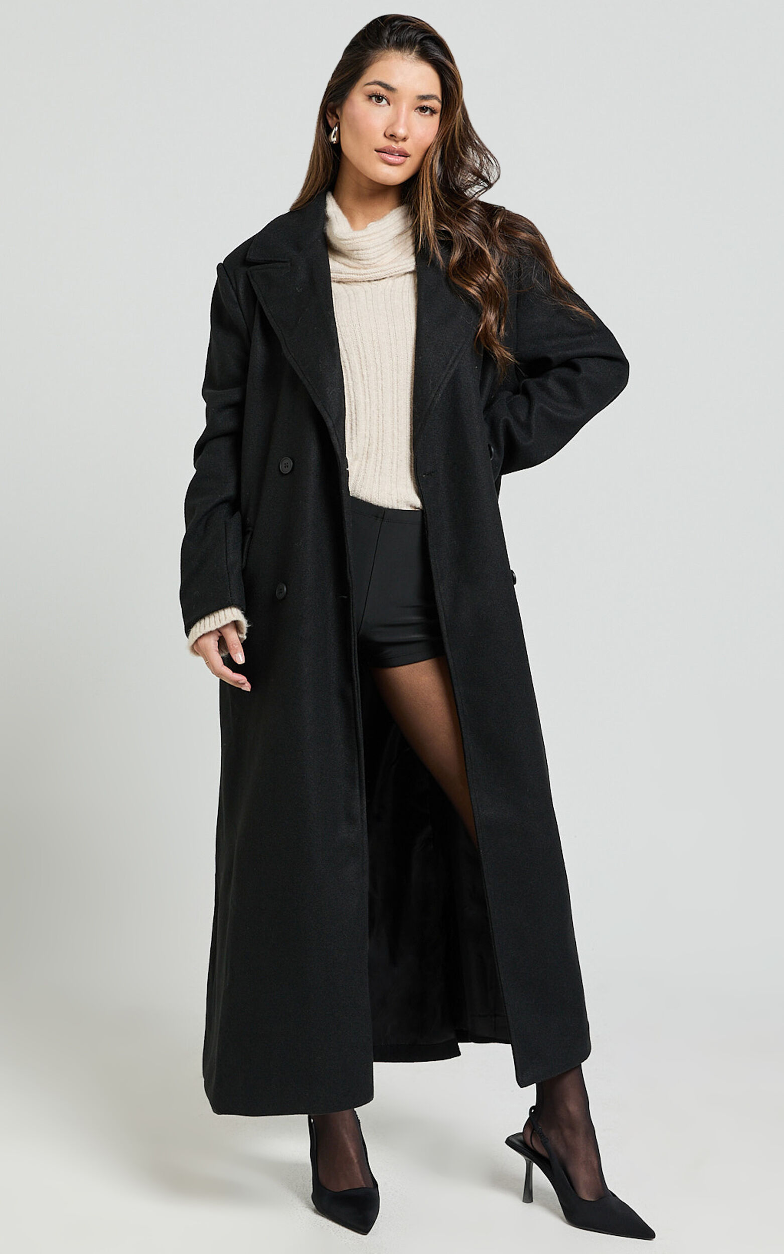 Demi Coat - Long Lined Coat in Black - L, BLK1