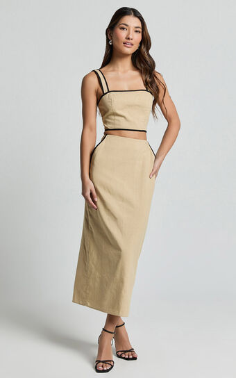 Rita Two Piece Set - Linen Look Contrast Crop Top and Pencil Midi Skirt Set in Sand/Black