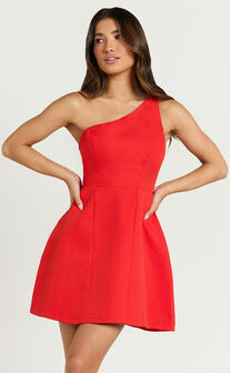 Carley Mini Dress - One Shoulder Tulip Hem Dress in Red