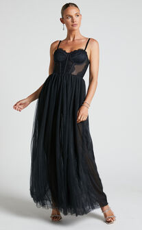 Audrie Midi Dress - Lace Corset Tulle Dress in Black