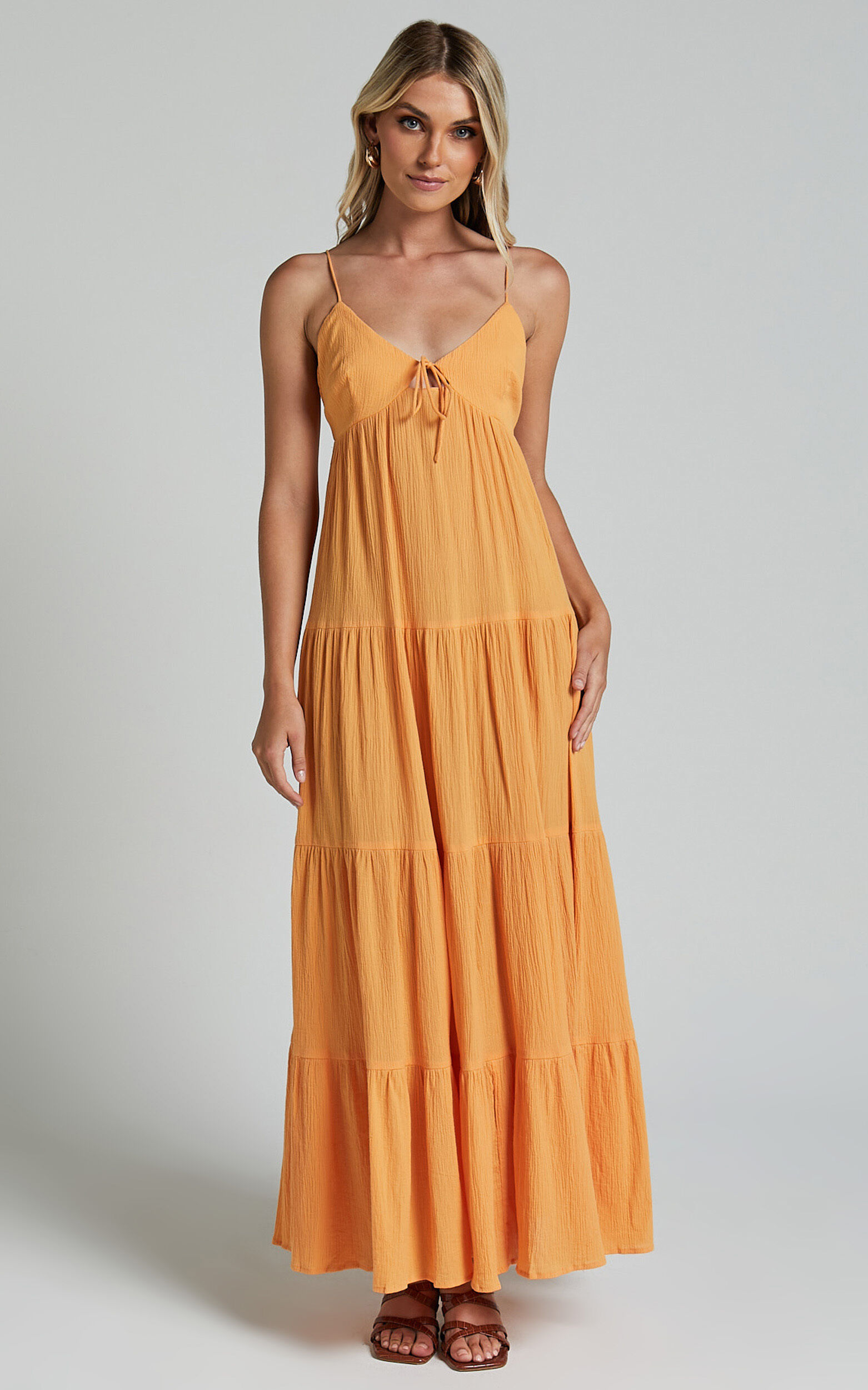 Chila Maxi Dress - Strappy Tie Front Low Back Tiered in Papaya Orange
