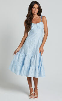 Jovena Midi Dress - Gathered Bodice Tiered Dress in Blue