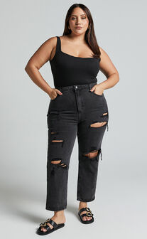 Billie Jeans - High Waisted Cotton Distressed Mom Denim Jeans in Black Wash