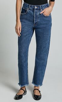 Zelrio Jeans - High Waisted Recycled Cotton Cropped Denim Jeans in Dark Blue Wash