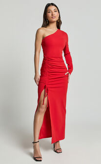 Daria Midi Dress - One Shoulder Long Sleeve Side Split Dress in Red