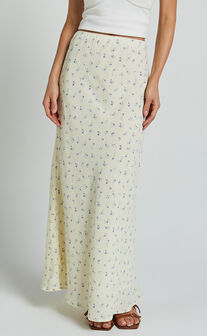 Lorin Midi Skirt - Mid Waist Slip Skirt in Cream and Lilac Floral