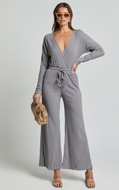 Camille Jumpsuit - Ribbed Jersey Long Sleeve Wide Leg Jumpsuit in Slate ...