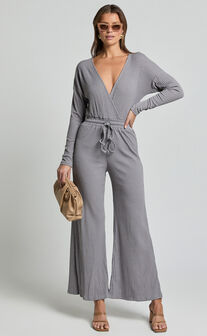 Camille Jumpsuit - Ribbed Jersey Long Sleeve Wide Leg Jumpsuit in Slate Grey