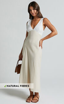 Dovie Midi Dress - Linen V Neck Low Back Cut Out Flare Dress in Beige and White