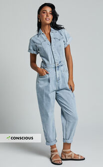 Jordyn Jumpsuit - Short Sleeve Collared Button Through Denim Jumpsuit in Light Blue