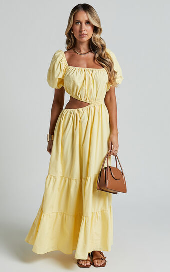 Chantrell Midi Dress - Puff Sleeve Dress in Lemon