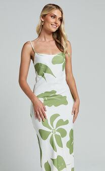 Ashna Midi Dress - Sleeveless Scoop Neck Slip Dress in Green Floral