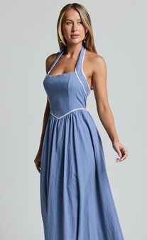 Jesse Midi Dress - Halter Neck Back Tie Dress in Blue