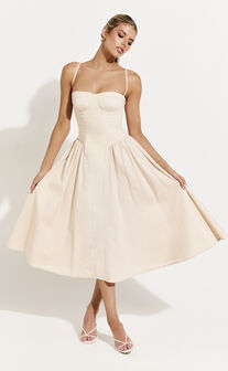 April Midi Dress - Sweetheart Wide Pleated Dress in Cream