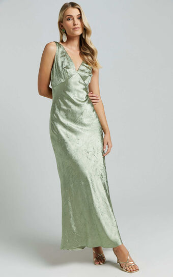 Graciemay Midi Dress - Deep V Neck Crinkle Satin Dress in Sage