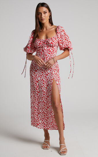 Rosario Midi Dress - Ruched Bust Puff Sleeve Dress in Red Ditsy Floral