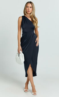 Felt So Happy Midi Dress - One Shoulder Drape Dress in Navy