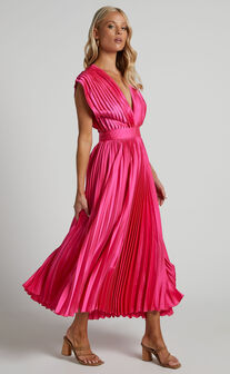 Della Midi Dress - Plunge Neck Short Sleeve Pleated Dress in Hot Pink