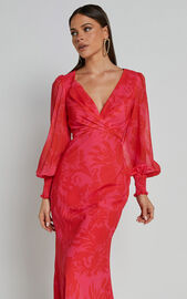 Claude Midi Dress - Deep V Neck Long Sleeve Slip Dress in Print | Showpo USA
