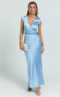 Hailey Maxi Dress - Cap Sleeve V Neck Dress in Blue