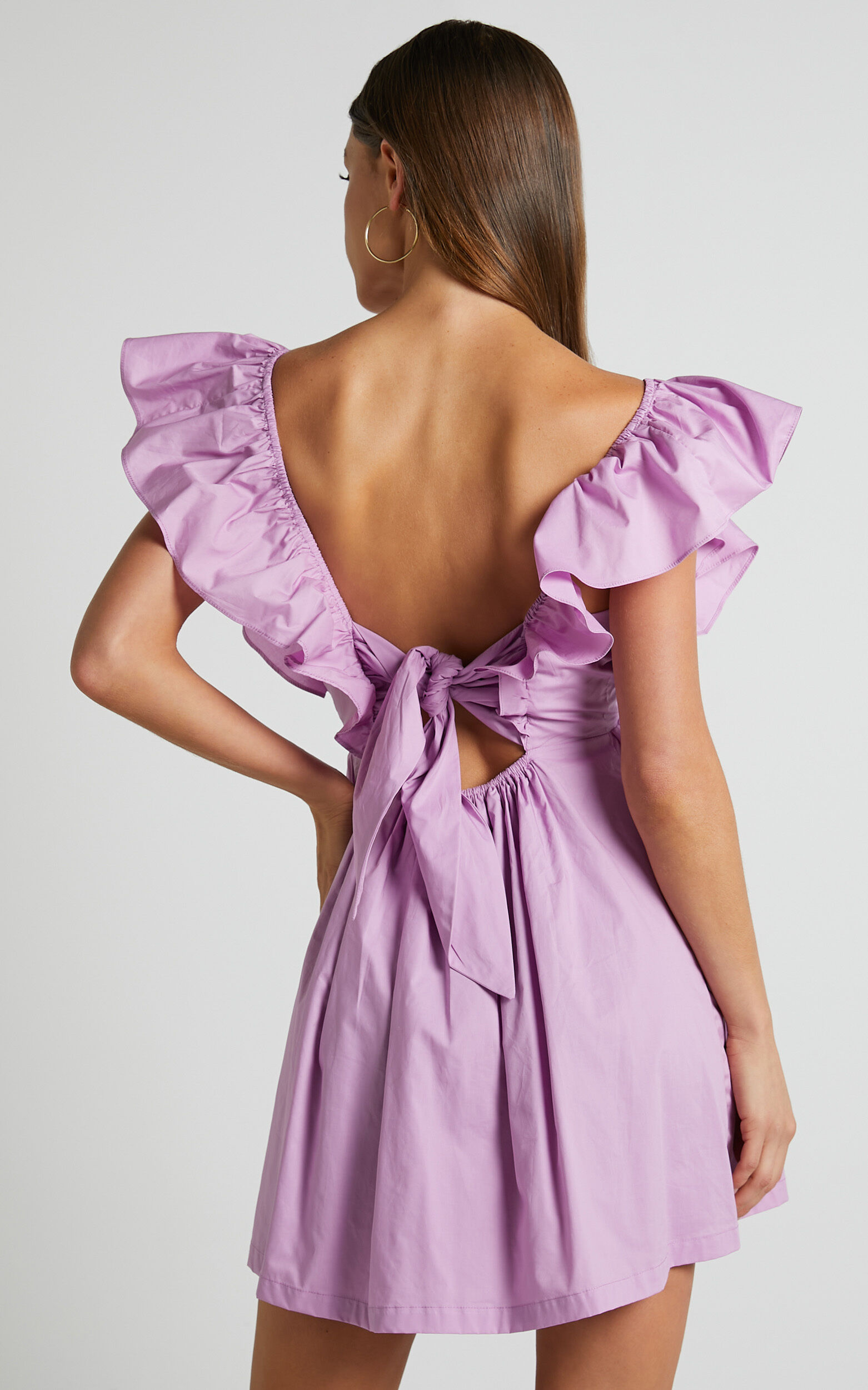 Purple ruffle sleeve dress on sale
