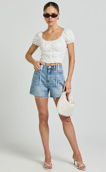 Valerie Top - Puff Sleeve Ruched Button Front Tie Hem Top in White
