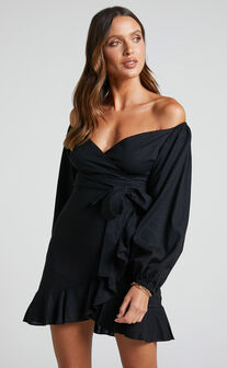 Cant Move On Off Shoulder Mini Linen Blend Dress in Black Linen Look