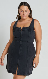 Chrysoula Mini Dress - Square Neck Zip Front Sleeveless Bodycon Denim in Washed Black