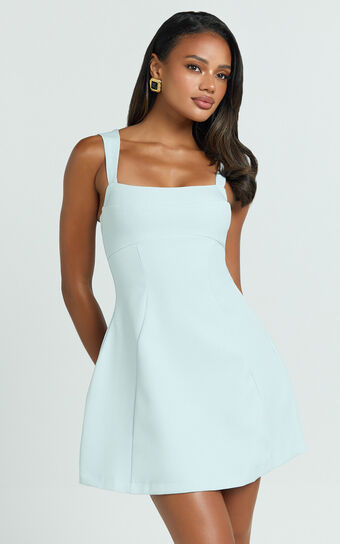 Fhella Mini Dress - Straight Neck Dress in Blue
