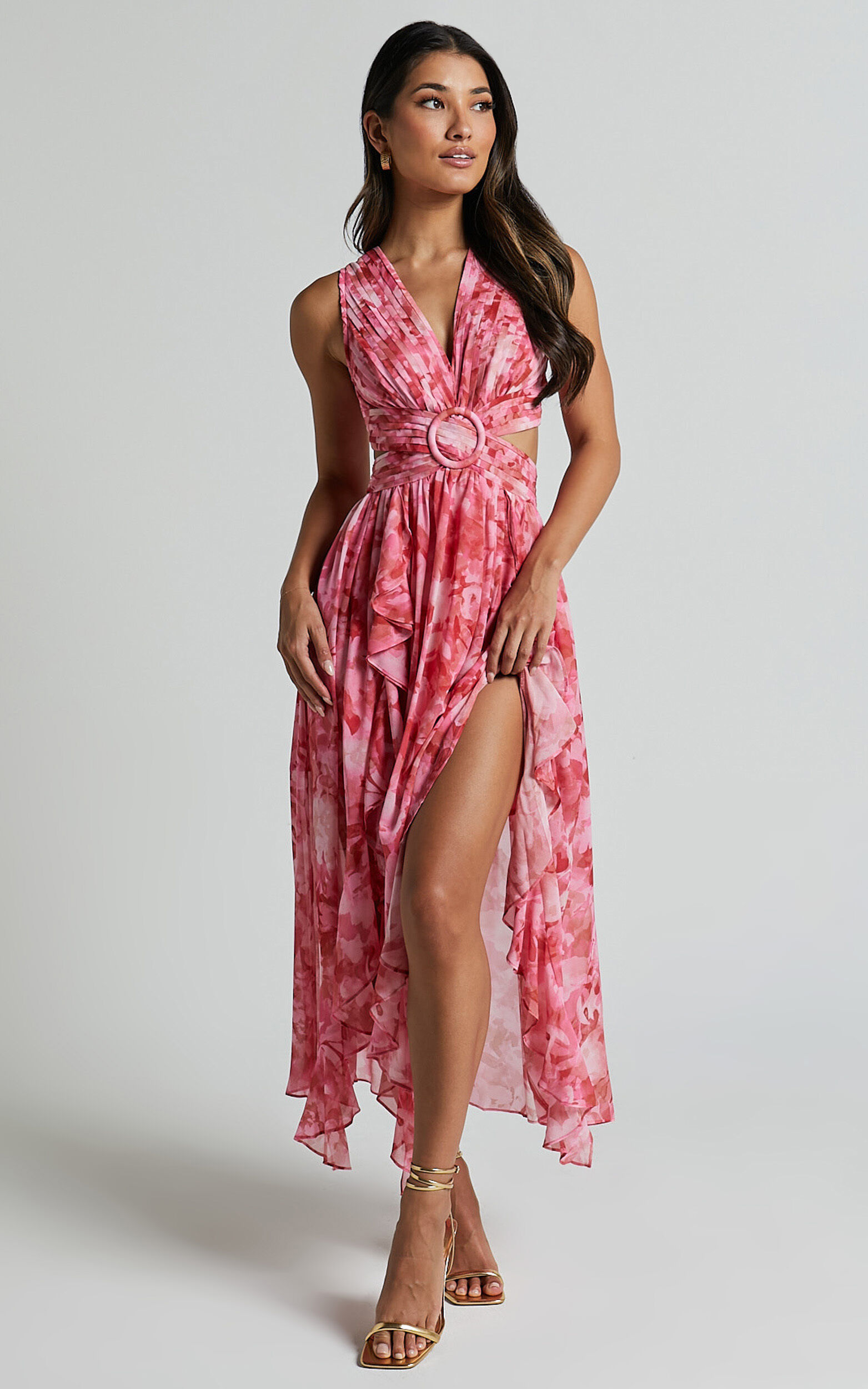 Marga Maxi Dress - Plunge Ruffle detail cut out dress in Petal Paradise