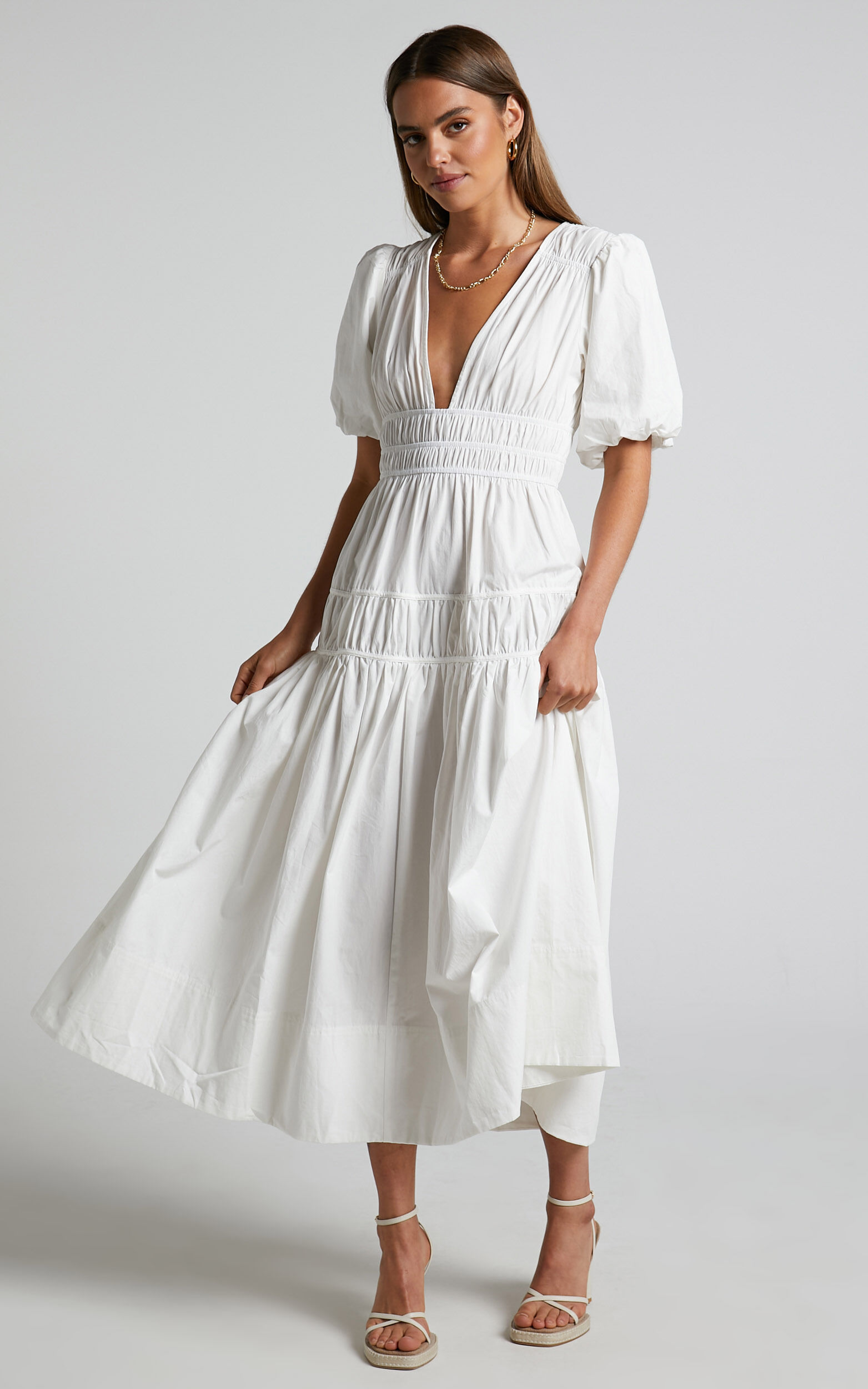 Mellie Midi Dress - Puff Sleeve Plunge Tiered Dress in White | Showpo