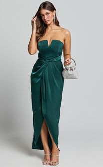 Rhyanna Midi Dress - Twist Front Strapless Dress in Emerald