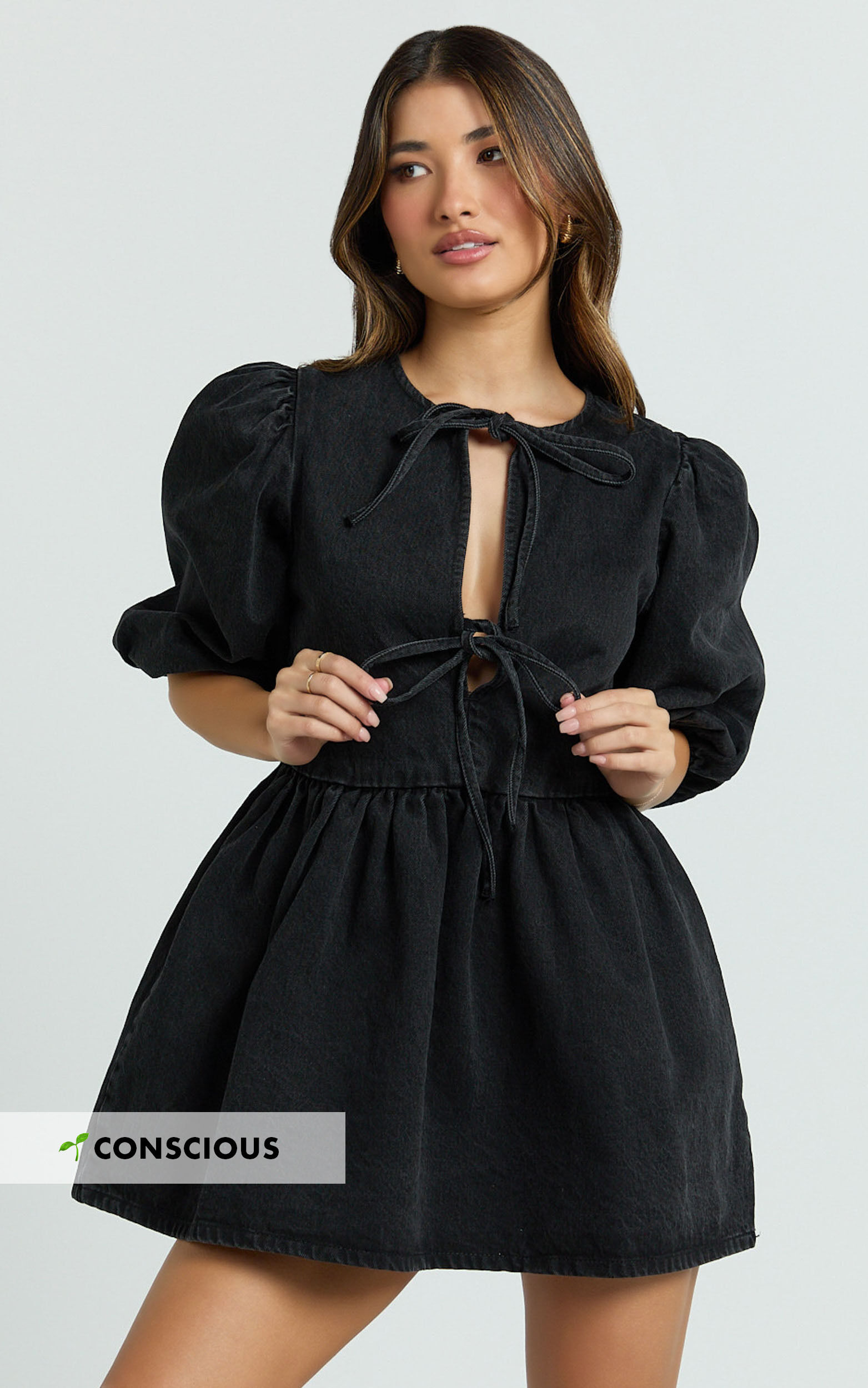 Shailene Mini Dress - Tie Front Puff Sleeve Recycled Denim Dress in Black Wash Panel - 06, BLK2