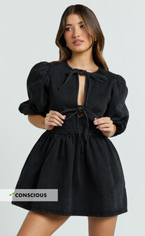 Shailene Mini Dress - Tie Front Puff Sleeve Recycled Denim Dress in Black Wash Panel