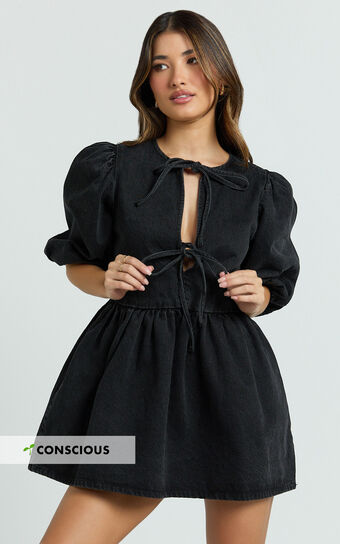 Shailene Mini Dress - Tie Front Puff Sleeve Recycled Denim Dress in Black Wash Panel