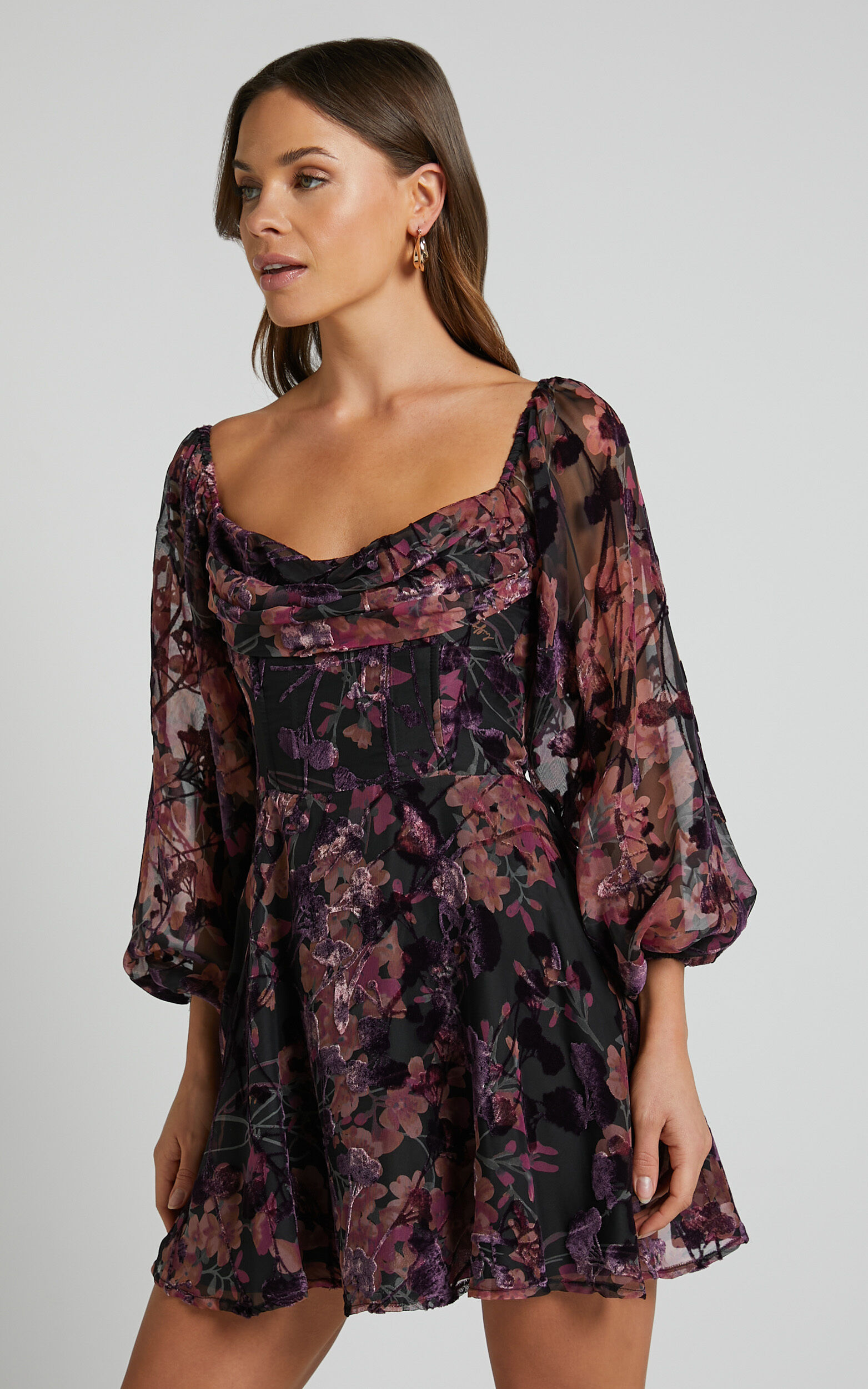 Jessell Mini Dress Long Sleeve Cowl Corset Dress in Burnt Out Floral Showpo USA