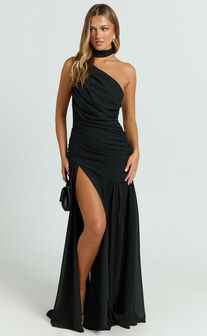 Enya Maxi Dress - One Shoulder Neck Tie Ruched High Split Dress in Black