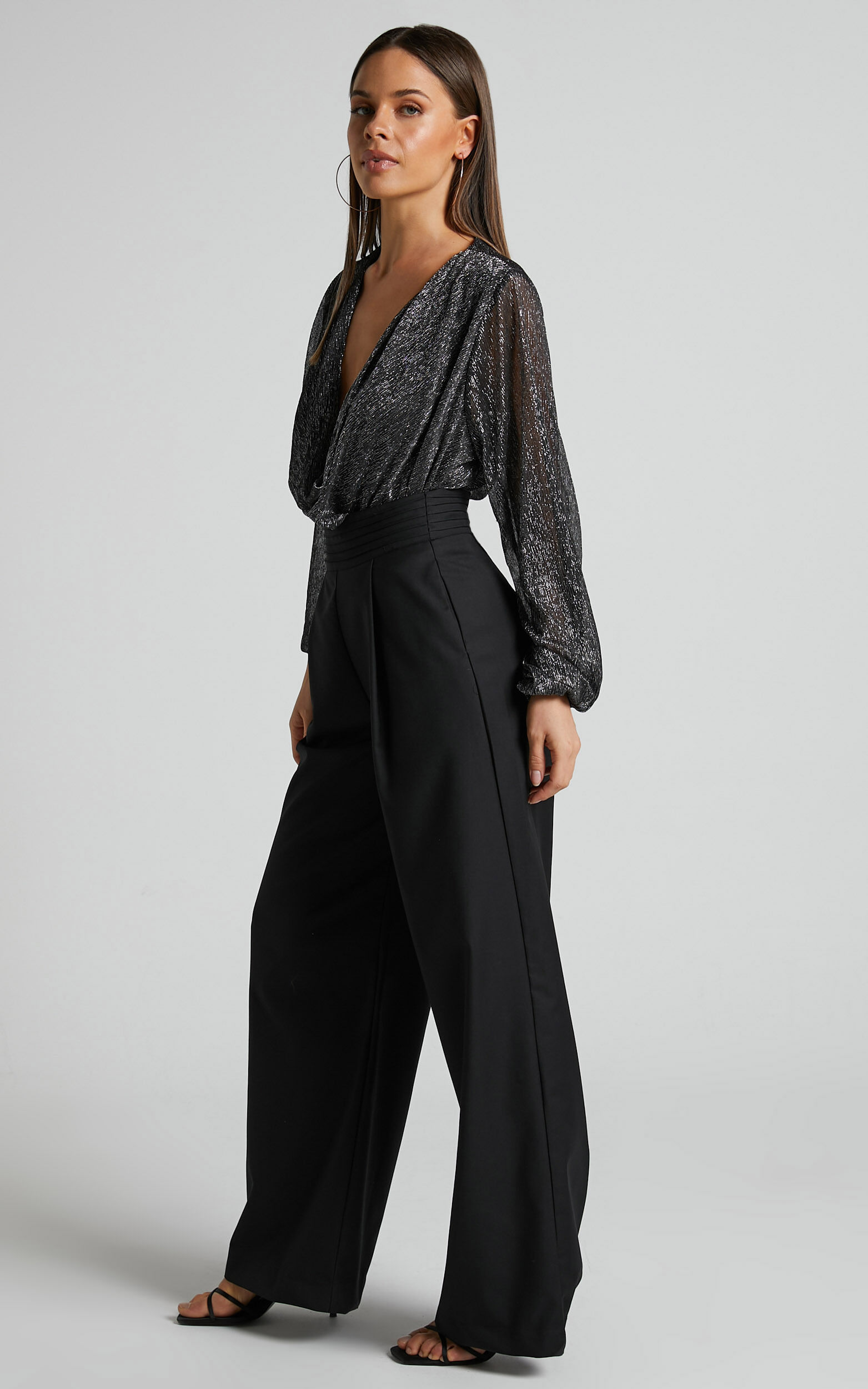 Hirna - High Waisted Pin Tuck Waist Detail Wide Leg Pants in