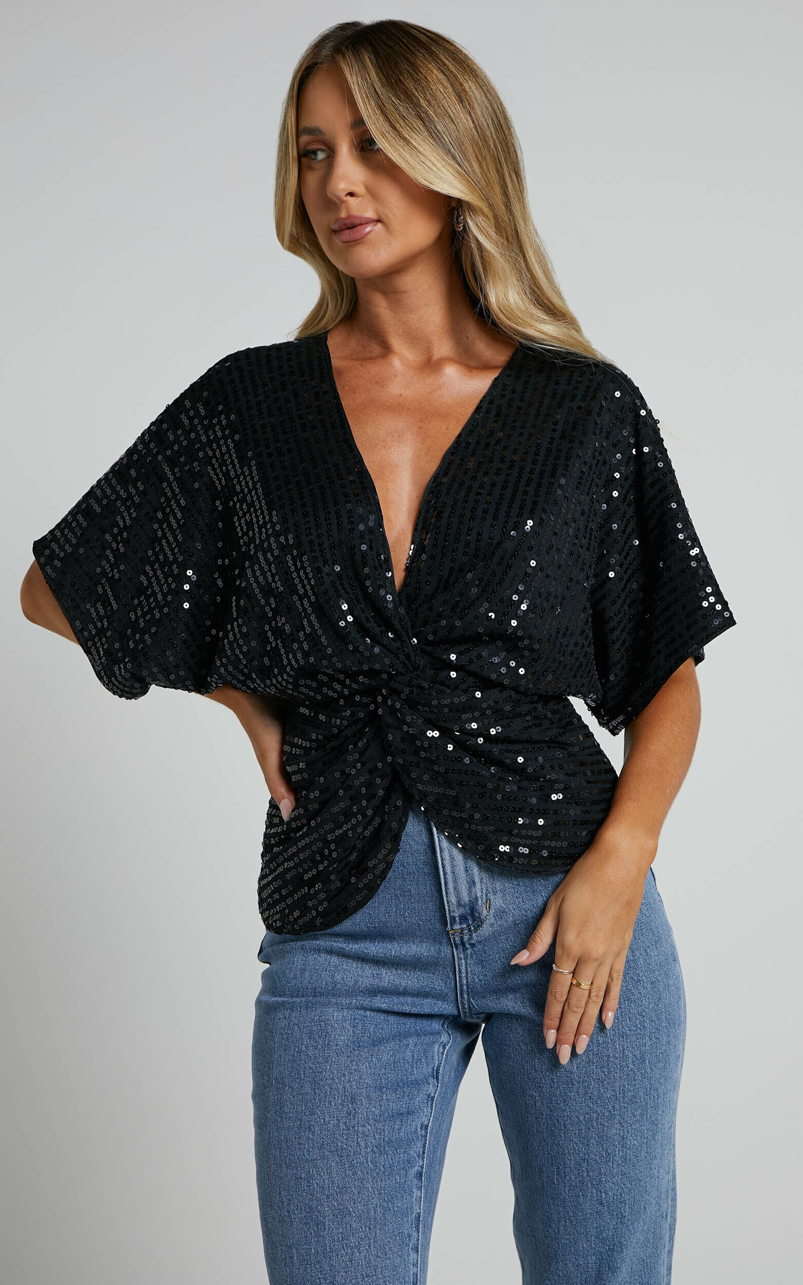 Zoey Batwing Top Twist sequin Batwing Top in Black Showpo USA