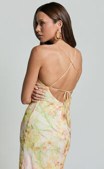 Alessa Midi Dress - Tie Strap Cowl Neck Slip Dress in Yelllow Floral Print