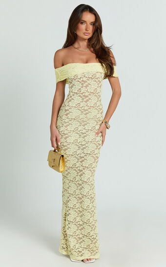 Nalani Maxi Dress - Lace Off Shoulder Column Bodycon Dress in Lemon